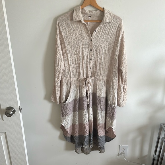 Free People Cream Brown Striped Shirt Tunic Dress Drawstring Waist small cottage - Picture 3 of 7